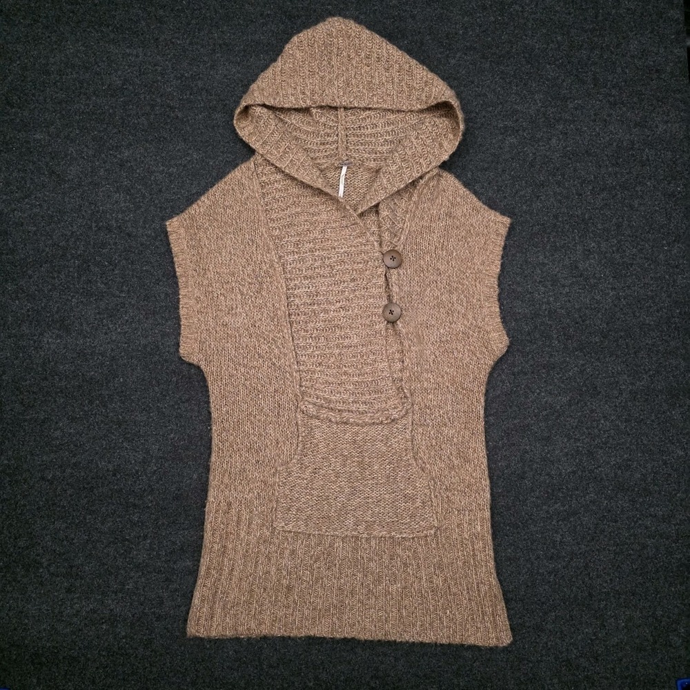 Free People Womens Large Brown Knit Short Sleeve Hooded Pullover Sweater V-Neck